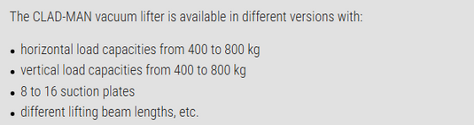 Aerolift Clad-Man batteridrivet Vakuumlyft för utomhusbruk WLL 400-800Kg